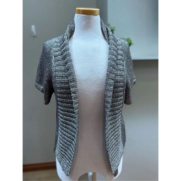 Promod S grey shimmer short sleeve open front cowl collar caravan w/fabric belt - Picture 3 of 6